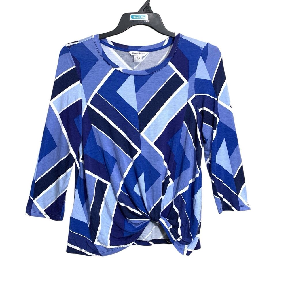 Tommy Bahama Top Women Size Small Blue Abstract Long Sleeve Knitted Front Knit